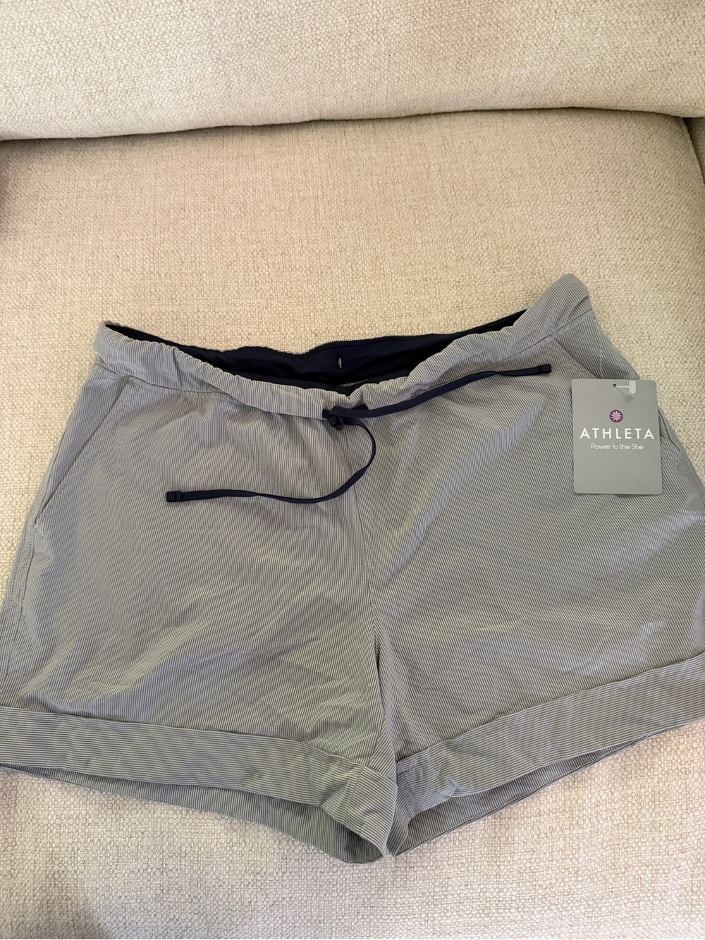 Athleta Blue Stripe Performance Drawstring Athletic Shorts with Navy Trim